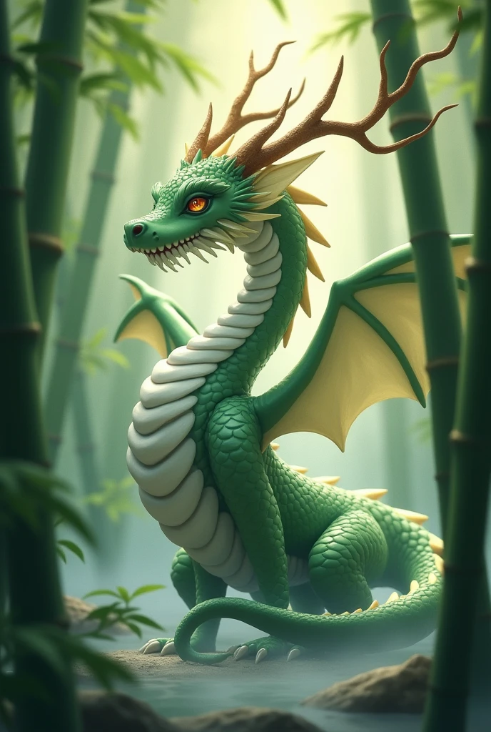 Bamboo Forest, oriental dragon with a cloud-like body, a large branched horn, big wings,