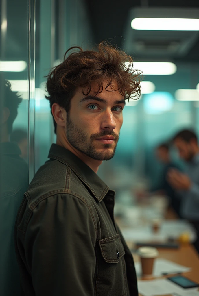 Male office worker, handsome, cocoa brown hair, green mixed with blue eyes, drunk
