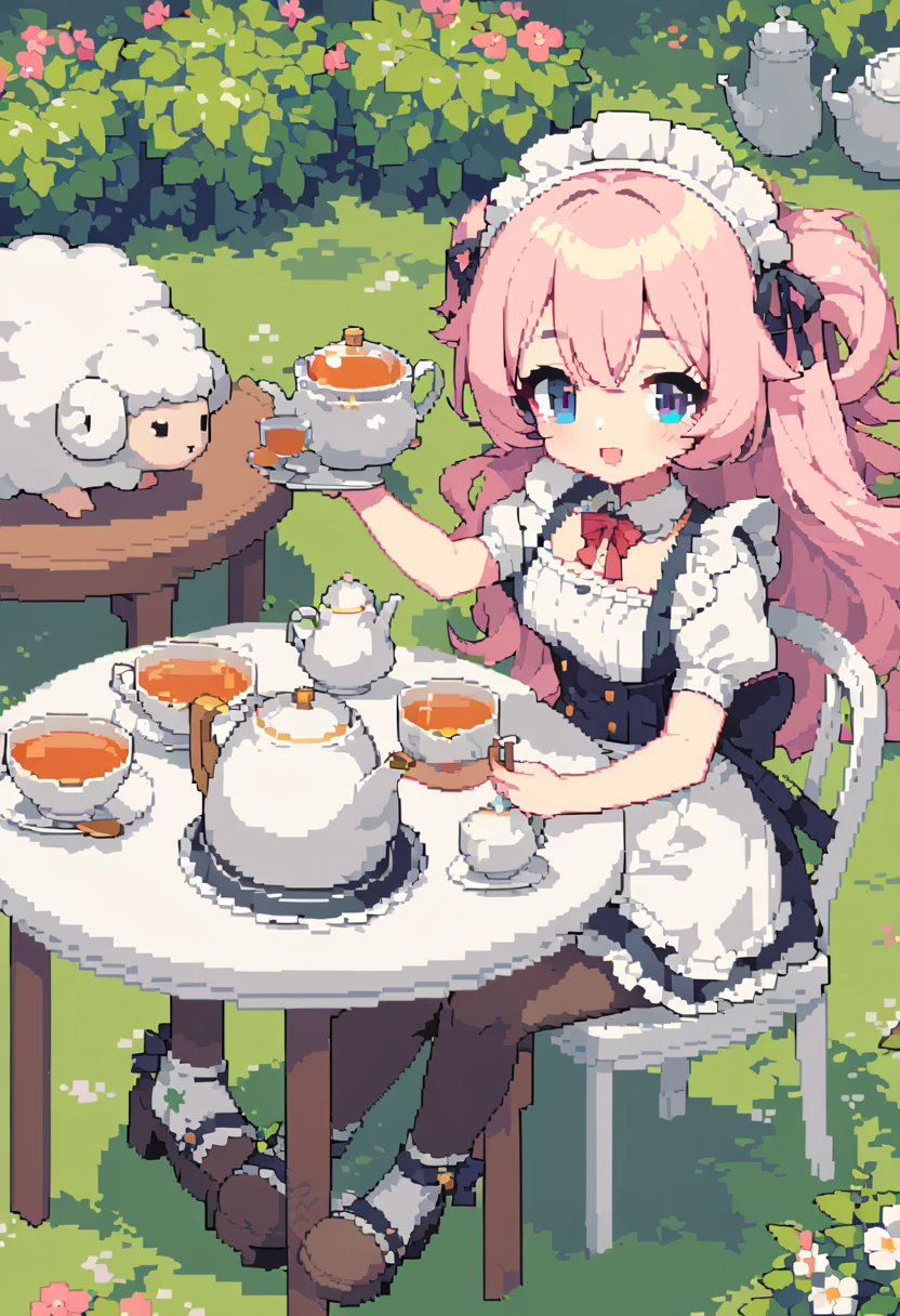 masterpiece, Highest quality, 8k, Beautiful pixel art, Vivid, Sheep, young woman, Open your mouth, ((Fluffy hair)), Long Hair, Hair like sheep's hair, Pink Hair, eyebrow, 太いeyebrow大きな目の人形1体，Maid clothes，pantyhose，Heel, garden, Stylish white round table, A white chair２foot, Teapot, Tea utensils, On the table, Brewing tea