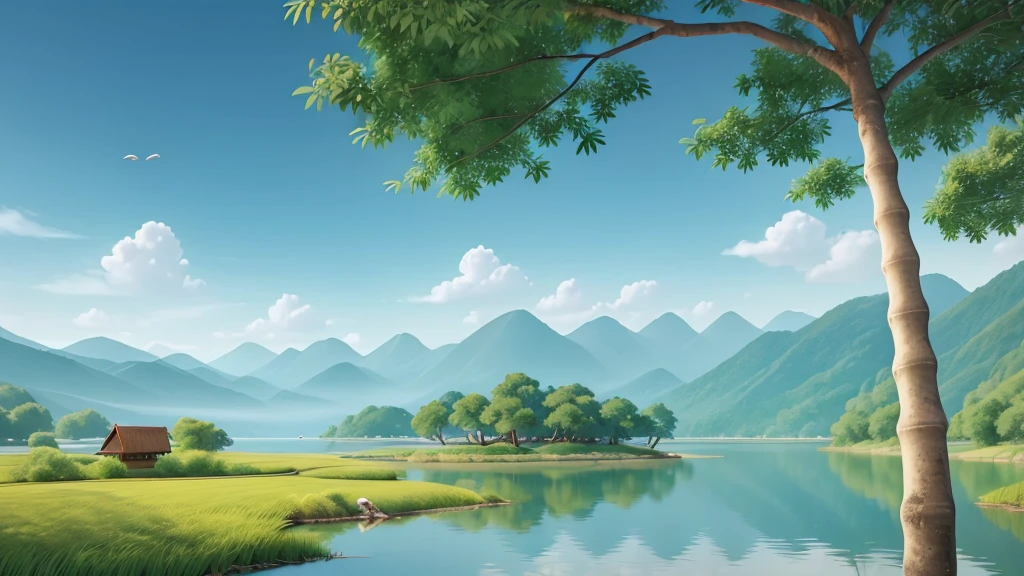 The picture is a landscape in the style of a watercolor painting., expressing the peaceful and quiet beauty of nature. Featured in the photo is a large river with calm water., reflecting the hazy blue sky. A small boat drifted slowly on the river., The boatman is calm in the vast space. 

In the distance are rolling mountains, hidden in the mist, create a sense of depth and mystery. Bamboo trees grow along the shore, The leaves sway gently in the wind. In the sky, a few birds flying in flocks, add life to the scene.

Tổng thể, The painting gives a sense of peace., taciturn, and very typical of Asian art style.