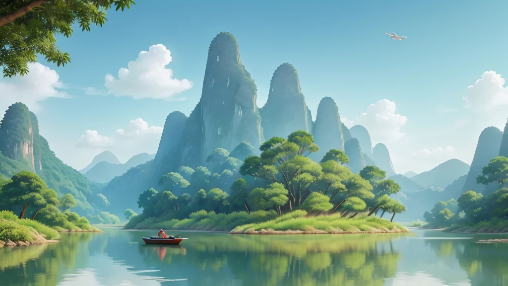 The picture is a landscape in the style of a watercolor painting., expressing the peaceful and quiet beauty of nature. Featured in the photo is a large river with calm water., reflecting the hazy blue sky. A small boat drifted slowly on the river., The boatman is calm in the vast space. 

In the distance are rolling mountains, hidden in the mist, create a sense of depth and mystery. Bamboo trees grow along the shore, The leaves sway gently in the wind. In the sky, a few birds flying in flocks, add life to the scene.

Tổng thể, The painting gives a sense of peace., taciturn, and very typical of Asian art style.