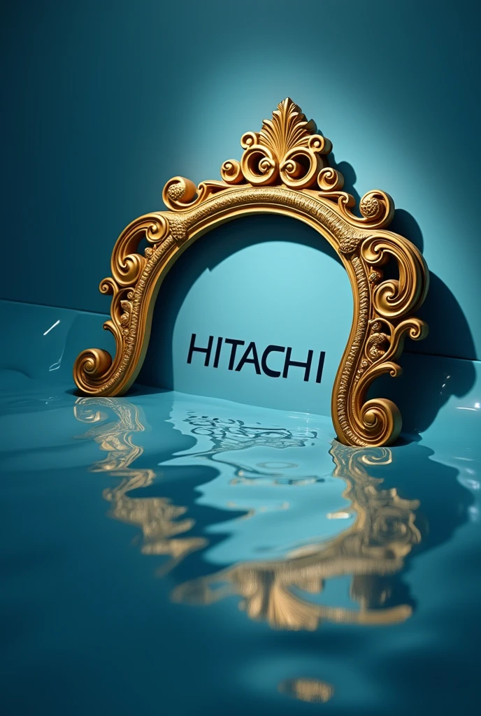 luxury gold color buried modern blue color mirror with a writing that says HITACHI 
