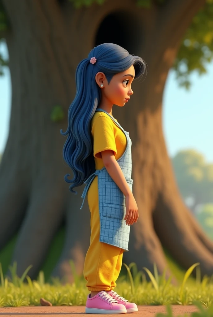 SIDE VIEW CAMERA OF ((masterpiece, best quality)), award winning, 4k, 8k, 3d pixar animation character, visible face, SIDE VIEW,(one 25 YEAR OLD woman NAMED BRISA), portrait, beautiful, cute, yellow shirt, yellow pants, light long blue apron, pink sneakers, long plaid blue hair, light tan skin, brown eyes, ((Perfect Hands)), UHD, 8K, her pose is LOOKING DOWN SAD TALKING with a little latin girl pose, BACKGROUND IS: ((masterpiece, best quality)),3d illustration of countryside el salvador, a big, tall and wide amate tree behind with a big hole in its trunk)