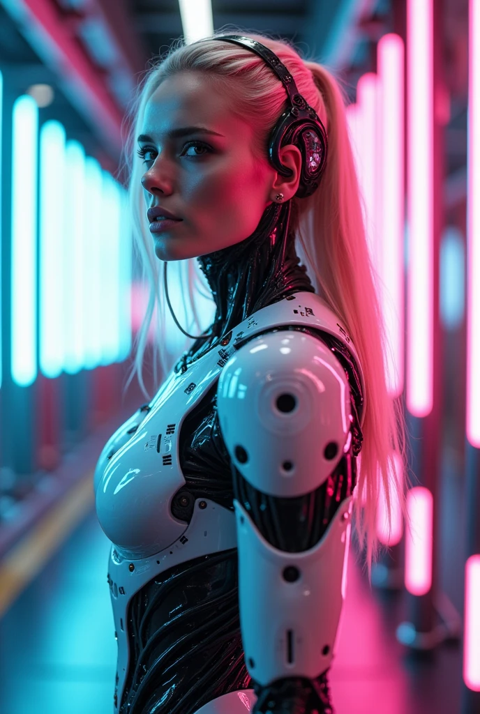 Beautiful female cyborg in an advanced robotic exoskeleton, set in a futuristic environment with bright pink and blue neon lights, metallic and glass textures, glowing energy cores, smooth mechanical joints, cybernetic implants visible on the face and body, sci-fi inspired design, vibrant colors, full body view, ultra-detailed textures, photorealistic style, cinematic lighting