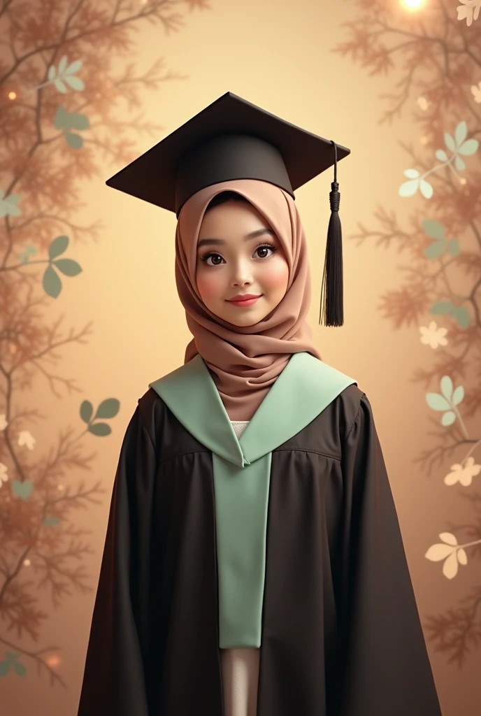 Consept art photography, fan art photography, a women, wearing hijab, pastel brown hijab, wearing black graduation hat, Wearing black graduation gown, wearing pastel green graduation hood, pastel brown theme background, Standing pose, leaf effect background, university background, pastel brown lighting effect,bright results, perfect pose, kawaii design theme