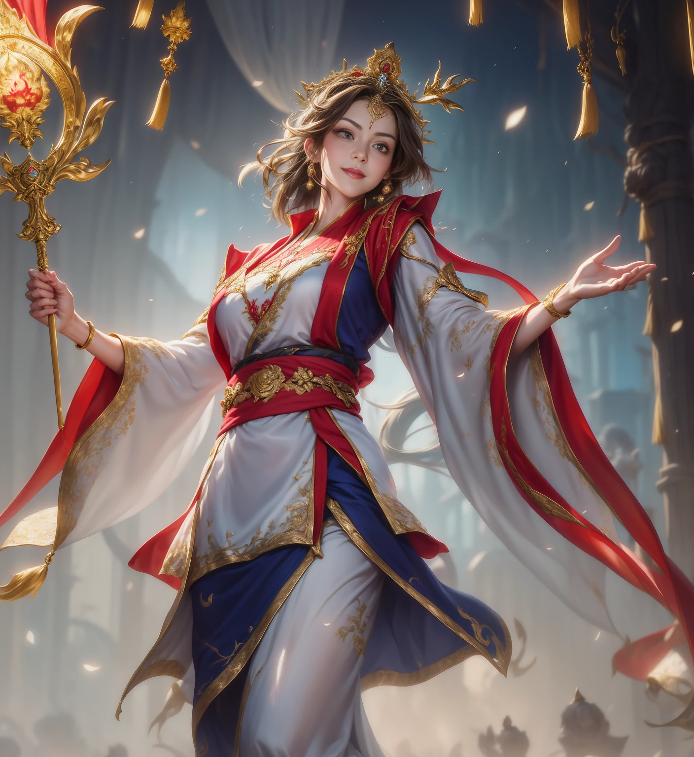 （masterpiece），Realism，Best quality，Detailed face，Smile，Meticulous attention to detail。Depth of Field，Beautiful and delicate eyes，Smile，Looking at the audience，1girl,girl,（（Wearing a long crown））,Breast augmentation,Female mage wearing a white hunting robe with a red sash，Large long sleeves，Fighting Stance，Right hand raised, holding a vajra.，whole body，Depth of Field