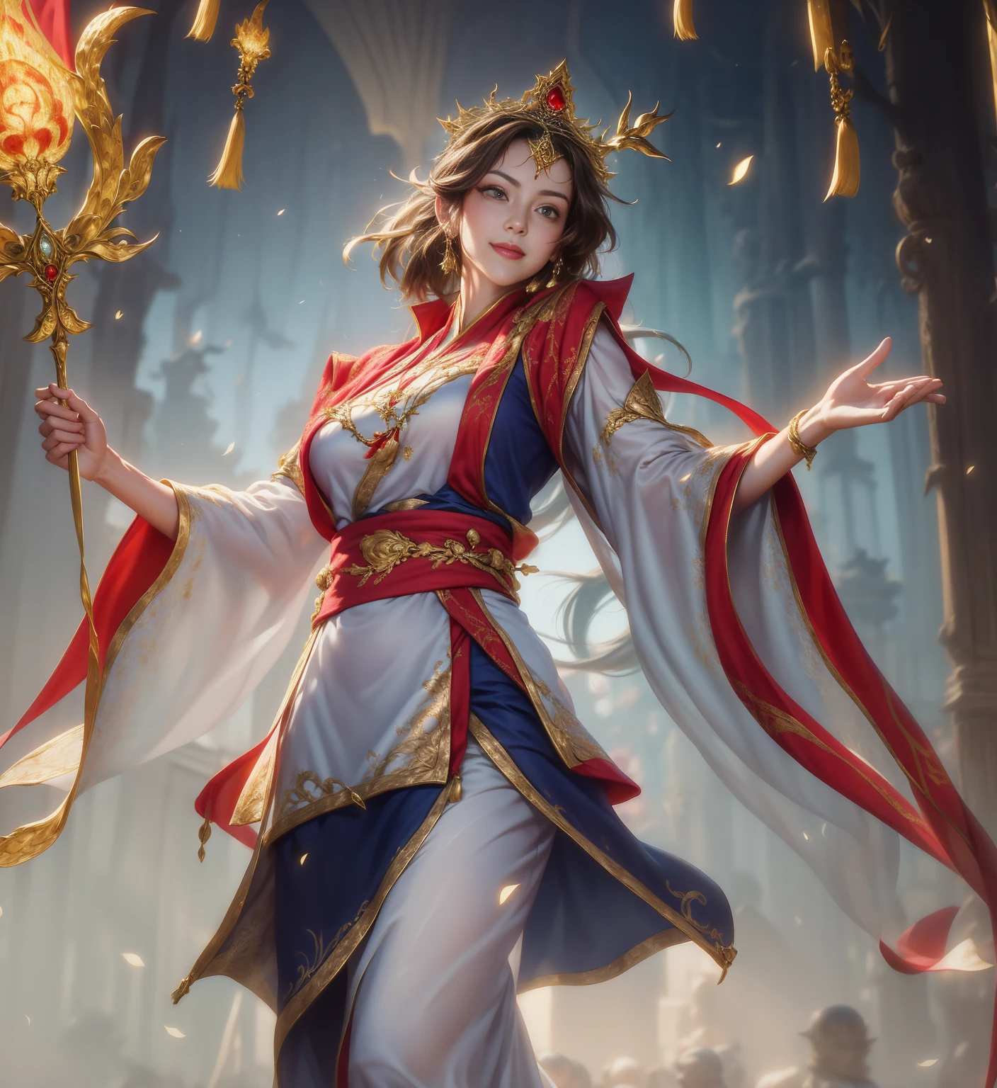 (masterpiece),Realism,Best quality,Detailed face,Smile,Meticulous attention to detail。Depth of Field,Beautiful and delicate eyes,Smile,Looking at the audience,1girl,girl,((Wearing a long crown)),Breast augmentation,Female mage wearing a white hunting robe with a red sash,Large long sleeves,Fighting Stance,Right hand raised, holding a vajra.,whole body,Depth of Field