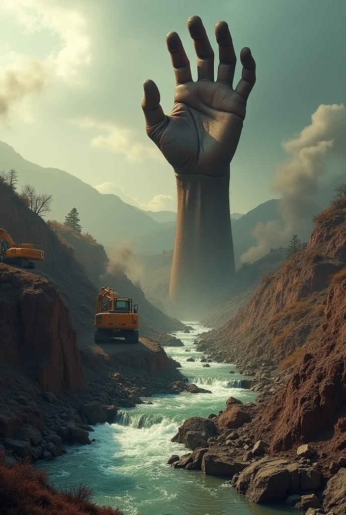 to produce a material that can raise awareness among the community surrounding the school about the negative impact of mining activities on our water resources. The image must be impactful, depicting a giant, dirt-stained hand crushing a crystal-clear river. The hand, symbolizing the mining industry, crushes the earth around the river with force, causing the ground to crack and the pure water to turn brown and cloudy, slipping between the fingers.no rio, fish and other aquatic life struggle to escape, but many are crushed or swept away by the dirty current. The vegetation around the river withers and dies quickly under the pressure of the hand, with trees crumbling and the soil becoming barren.No fundo, a landscape devastated by mining operations is visible, with heavy machinery and mountains of rubble. The sky is covered by a dense cloud of dust and pollution, obscuring the sunlight.Above image, in large, bold letters, There's the phrase: "Mining destroys with a heavy hand. Protect our rivers before it's too late."The color palette should be dark, with shades of brown, gray and black predominating, while the blue of the river and the green of the vegetation are erased by the darkness, highlighting the destructive power of mining on nature.