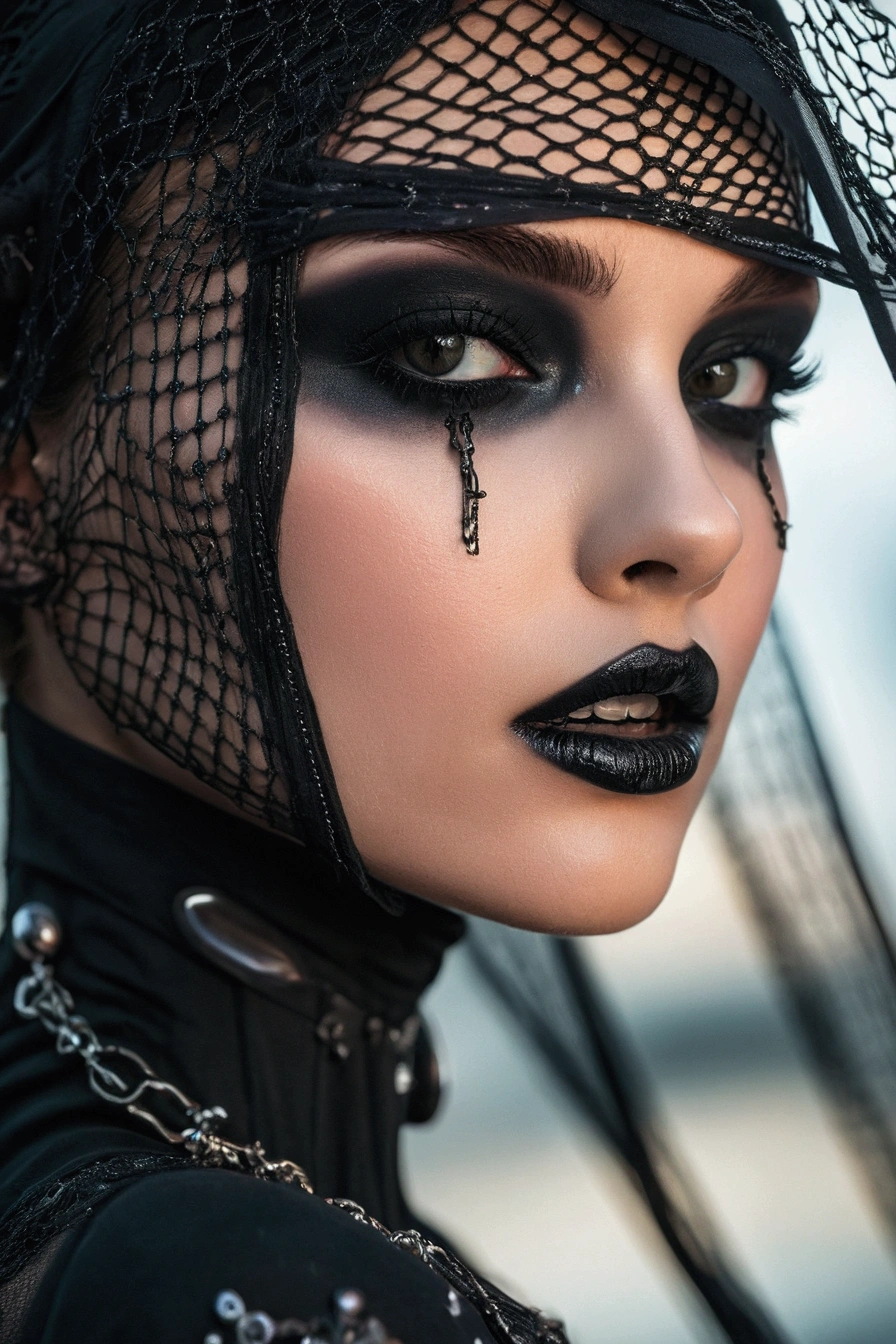 arafed woman with black makeup and black veil with black lips, dark make up on her face, intricate cyberpunk make - up, beautiful cyberpunk girl face, dark makeup, wearing goth makeup, goth makeup, cyberpunk makeup, gothic makeup, beautiful cyberpunk woman model, gothic and futuristic, beauty blade runner woman, gothic face, futuristic look