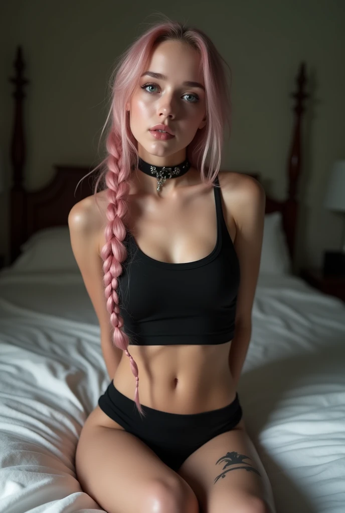 (young skinny anorexic gothic punk 21 year old cheerleader, slender skinny girl with full big fake breasts), crisp focus: 1.2, (beautiful skinny anorexic girl: 1.8), (skinny abdomen: 1.2), (small slim waist: 1.6), (thigh gap: 1.6),big breasts, (small hip: 1.6):1.2), ((layer cut: 1.2)), highly detailed face and skin texture, whitewashed mindcontrolled blank eyes, white contact lenses, happy seductive face, long sbraided pink hair, (BDSM, slave, slave choker, black tight shiny skin-tight bursting latex tube-top and panties, presenting panties with spread legs, wet skin, (exposed navel:1.2):1.4), (crying:1.4), (full length), sitting on bed with legs spread in bedroom, cameltoe, open seductive smiling mouth, legs spread, happy worshipping, manspreading, hands behind back, hands not visible,red womb tattoo on stomach