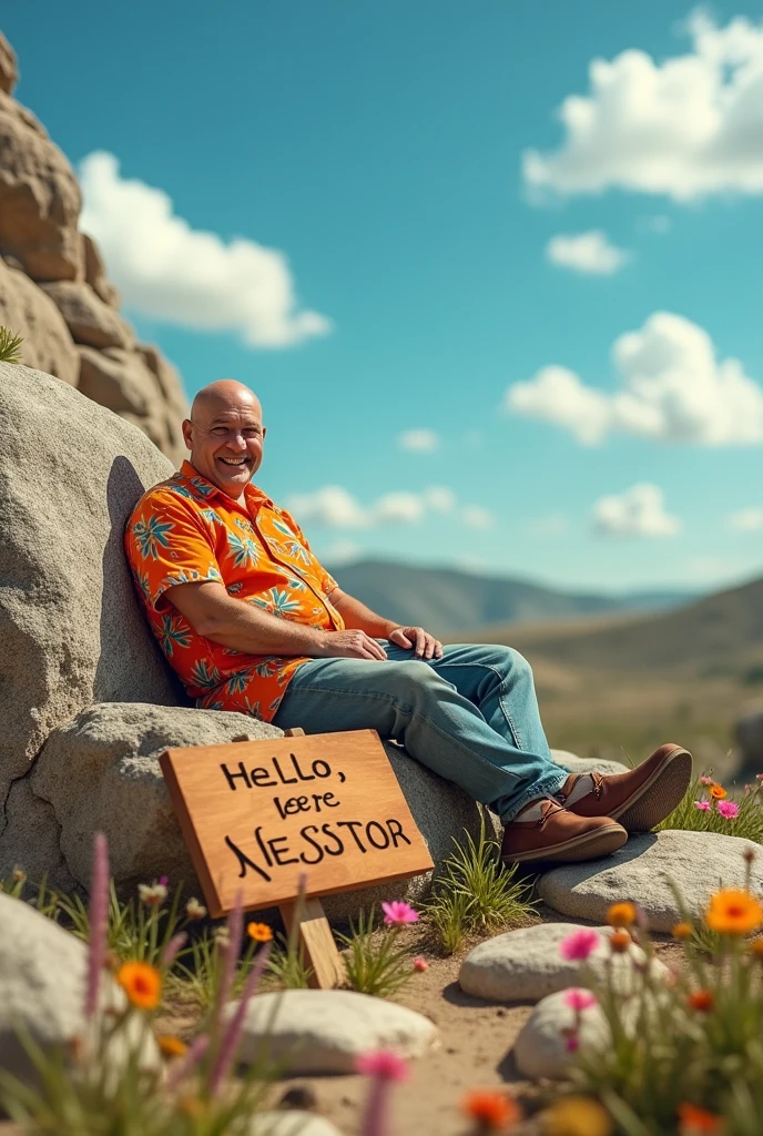 drawing of a bald man on a rock with a sign that says hello here nestor