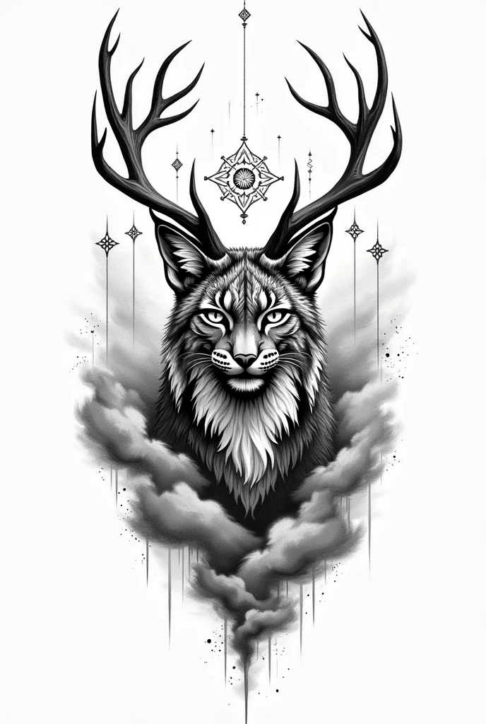could you create a forearm tattoo sketch of a lynx with deer antlers, also with Nordic symbols 