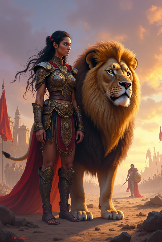 Image of the end of a war, a warrior woman next to a huge lion the two together friends