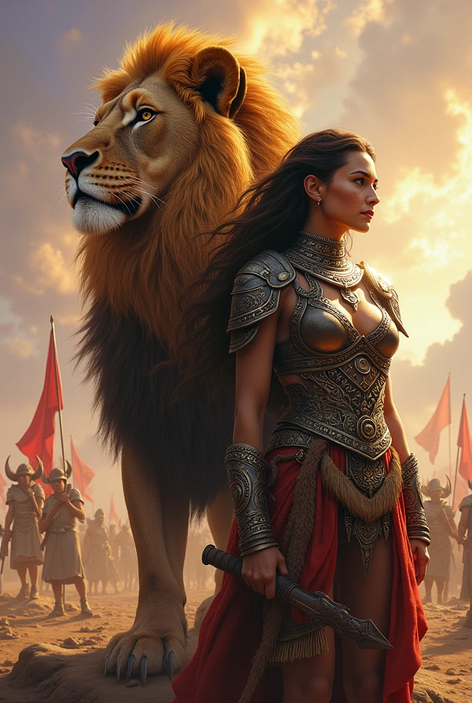 Image of the end of a war, a warrior woman next to a huge lion the two together friends