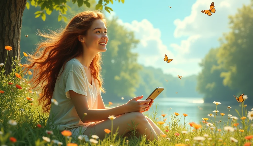 a stunning young woman listening to music and relaxing in a beautiful setting
