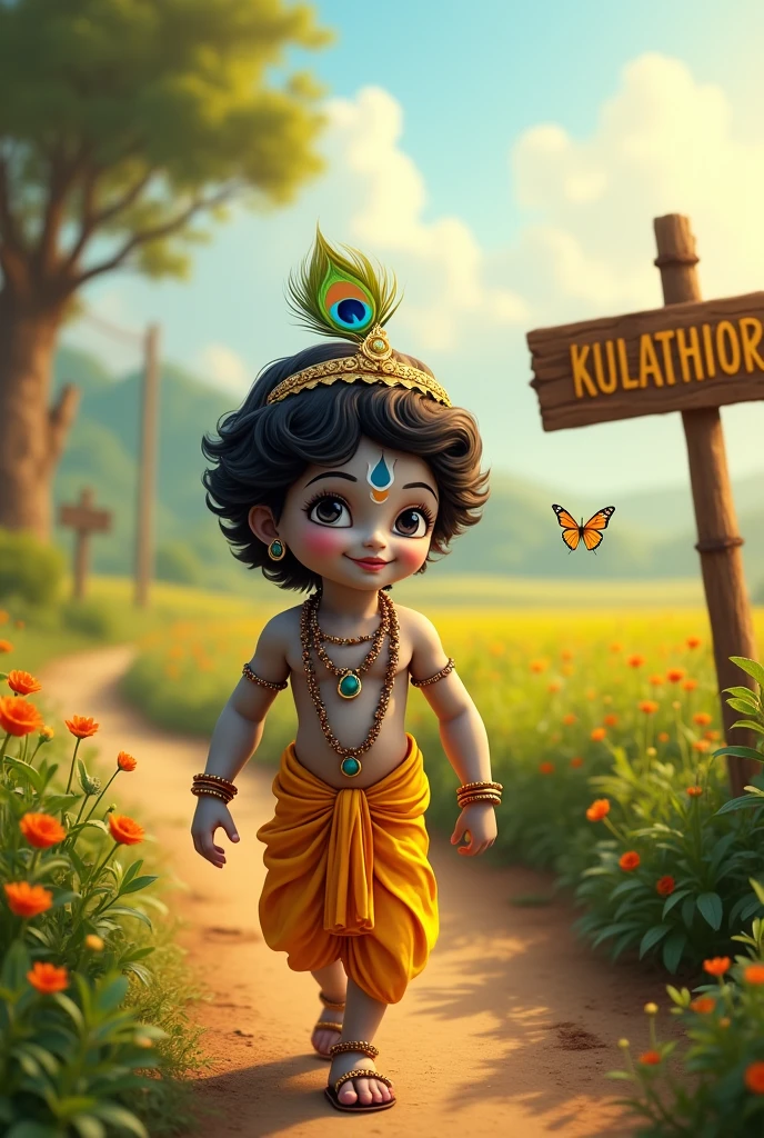 Little krishna is standing in a village with the background of  a sign board KULATHOOR 