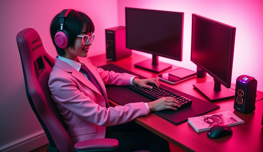 The young woman short black hair and pink eyes wear a pink suit, white shirt, magenta necktie, black pencil skirt, black underpants, black tights, black socks, adidas white sneakers.

She wear glasses and pink gaming headphone, sit on the pink gamer chair, smiled, privacy pink room, two pink monitor gaming, black keyboard, pink mouse, pink computer case, cartoon novel , anime, 4K, HD