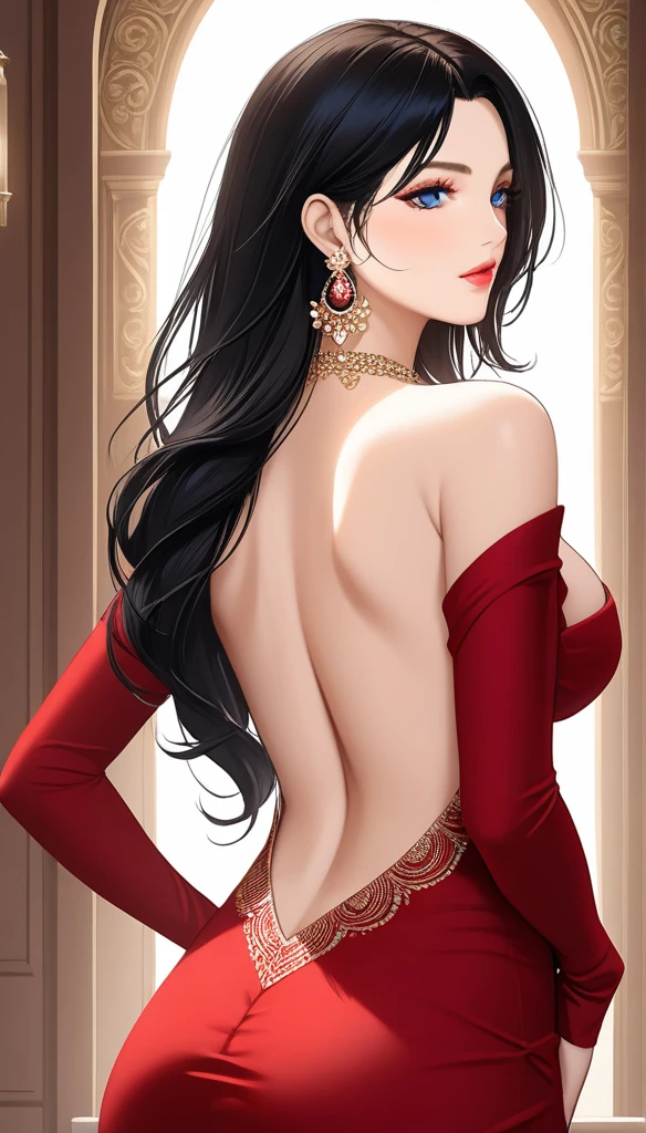 (best quality, highres, photorealistic), elegant mature woman showing her muscular back, blue eyes,wavy hair, black hair, neck plunging red dress with intricate patterns,saggy breasts, ultra detailed cg 8k, beautiful cg, soft light, long jhumka earrings, cleavage, makeup,dark pink lipstick, delicate necklace, Royal gloves ,makeup, beautiful eyelid, eyeshadow,eyeliner,navel,bare legs ,huge ass, backless