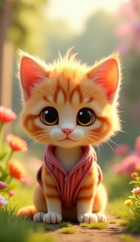 Perfect centering, Looking at the camera, a close up 2/3 of a cartoon kitten wearing a vest, 3 d animation demo reel, 3d animation, 3 d animation, 3 d animated movie, 3d animated, 3 d animated, tv commercial, clay animation, cgi animation, cute! c4d, cute 3 d render, pixar 3 d animation style, in the garden 4 k, 3 d cartoon