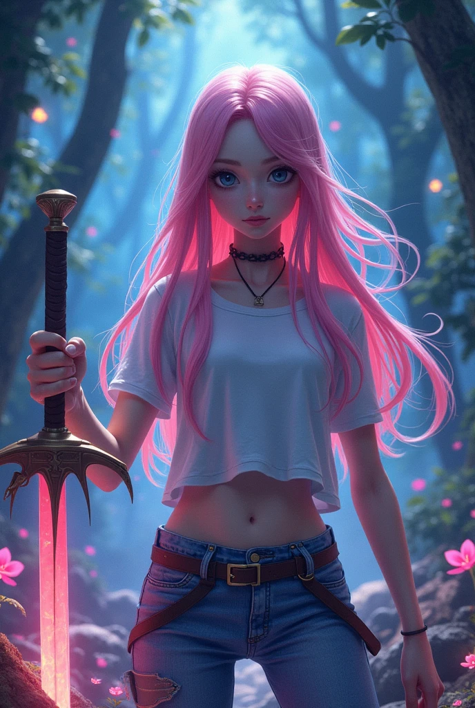 (animation:1.3), vibrant fantasy forest, magical atmosphere, glowing plants, long pink hair, white skin, 18-year-old girl, casual modern clothing, holding a semi-realistic fantasy sword, preparing to fight, intense and focused expression, dynamic pose, intricate details, enchanted environment, mystical lighting, vibrant colors, cinematic composition, by Hayao Miyazaki, by Yoshitaka Amano
