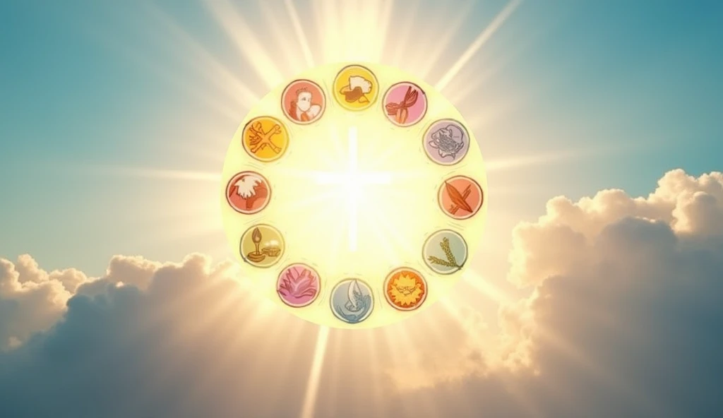 Create an engaging thumbnail for your video 'The 8 Powerful Symbols of the Holy Spirit'. The background depicts a serene sky with rays of light breaking through the clouds., symbolizing hope and spirituality. Display large, artistic representations of the 8 symbols in the center, each icon designed with intricate details and vibrant colors. The composition should have a feeling of elevation and welcome., encouraging viewers to explore.