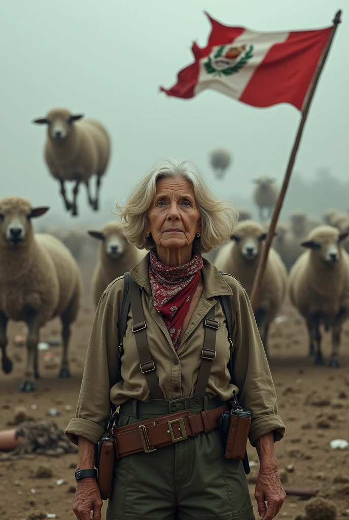 A 71-year-old woman with short, voluminous bob hair with soft waves, blonde with some darker streaks. Her face is clear with marked expression lines, especially around the eyes and mouth, with war clothing, suspenders, painted face and a bandana on the head, with a raised flag in which there is a churra sheep. There is a war going on around her, in which flying sheep that shoot lasers from their nipples and land sheep with Monster truck wheels fight to the death against the Peruvians, with cock blows that that crush them and the Peruvians are defenseless against the cocks and the busty lasers. All in a gray war background with corpses on the ground and the gray sky.