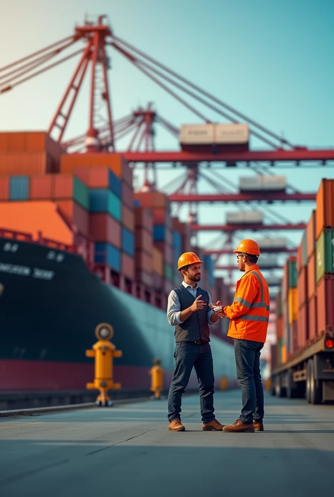 An alert icon or an image of a supervisor talking to a driver, place both centered, and behind a cargo port with several containers and a ship.
Very professional in 4K.. 