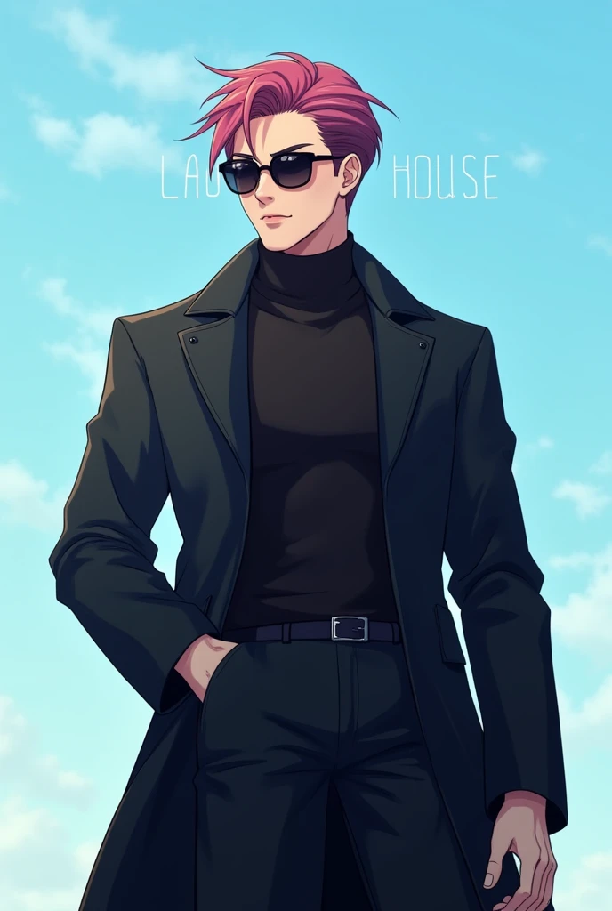 "Create an Instagram profile picture featuring a cool man in a black coat and sunglasses, with an anime-inspired style. Include the text 'Laughter House' in either white or black. The background should use decent, non-flashy colors, and the overall design should be modern and visually appealing, with the text subtly integrated to complement the character." Background sky Blue