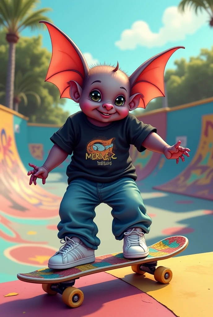 Baby bat on skateboard wearing wide jeans , a black shirt and some Adidas superstar shoes