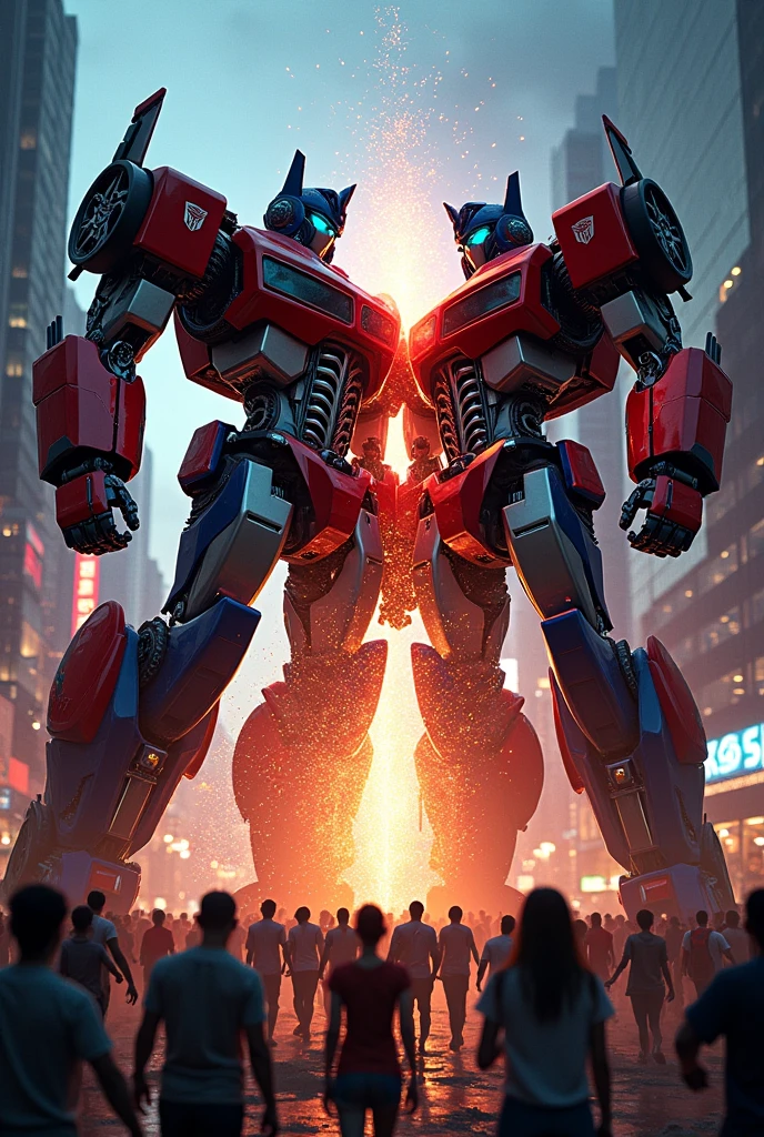 The fight scene in Bangkok of the Transformers robots is about 6 meters high. The first robot is based on a Ferrari car, the other robot is based on a Lamborghini car. The collision creates rainbow sparks. Below, people are running for their lives.