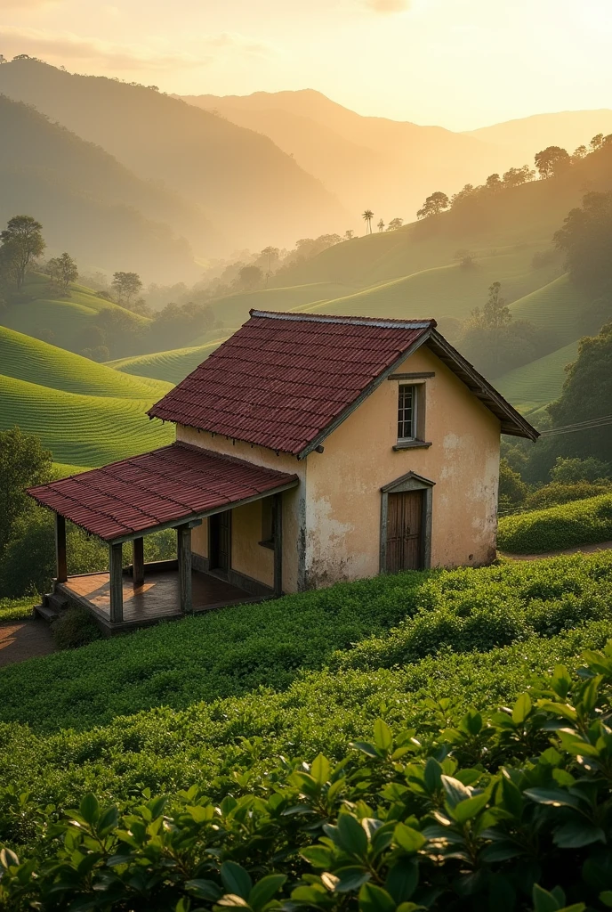 A peaceful rural landscape in Costa Rica, featuring green coffee plantations, rolling hills, and a small adobe house with a red-tiled roof. The scene is bathed in the warm light of early morning, with a soft mist rising from the fields. Que la imágen tenga un aspecto más rural, que se vea más antigua, que se vea de la época del siglo XX en Costa Rica también que los colores de la casa sean colores representativos de la época rural en Costa Rica ahora que aparezcan cafetales y montañas con en el XX en Costa Rica