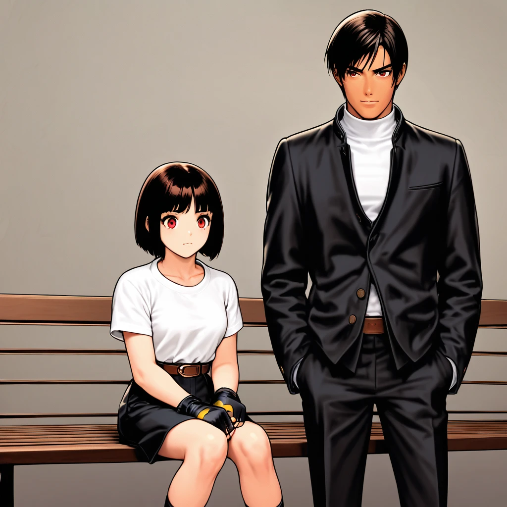 single,woman,Shortcuts,Black Hair,Dark Skin,Red eyes, （（Black jacket with rolled up sleeves））,Fingerless gloves,White T-shirt, （（White headband））,Black trousers,White shoes,Brown belt,cute,Indoor person,Charming,First-class,Handsome,Neat eyes,Slightly large chest,Sitting on a park bench A beautiful Japanese girl is sitting on a park bench、He is surprised at my profile and the sight of me in front of him.。Eyes Wide Open、Gaze slightly downwards、The mouth is half open。