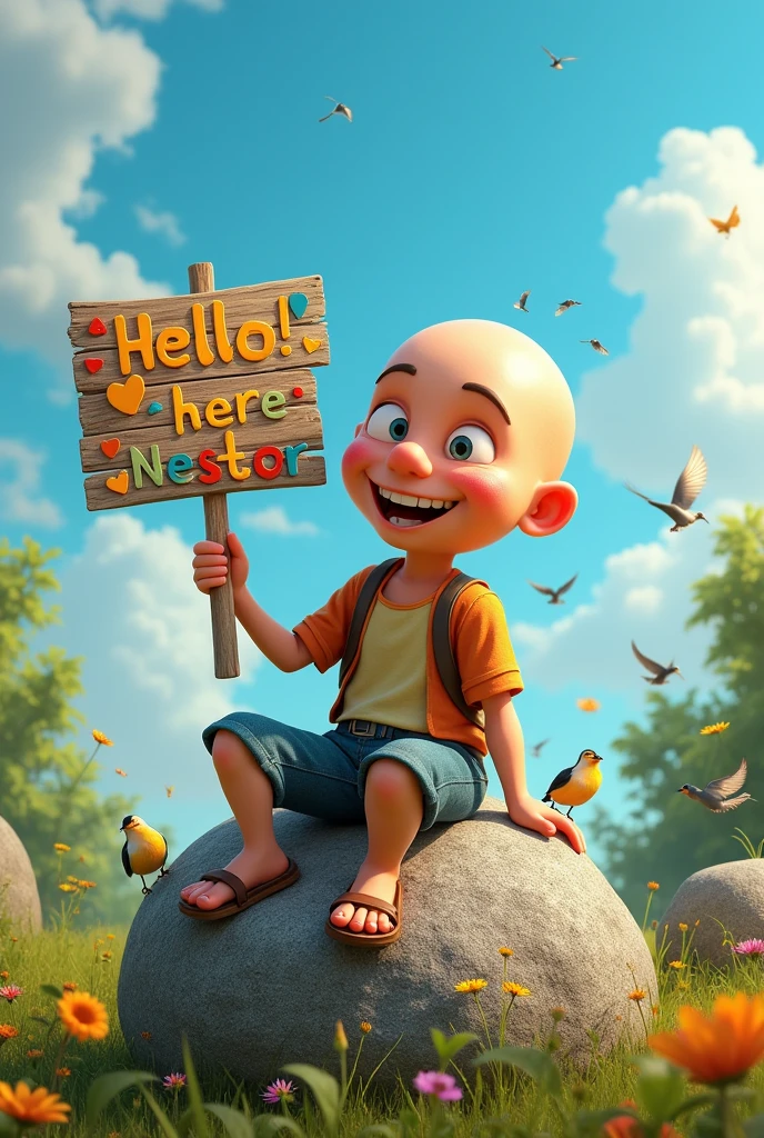 drawing of a bald man on a rock with a sign that says hello here nestor