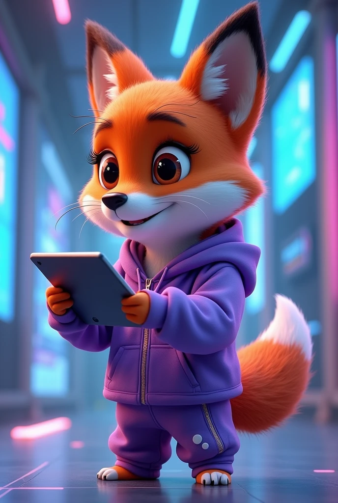 Create a 3D Disney Pixar style young fox named Fluffy, with a modern and technological look. She should have vibrant orange fur with white spots on her belly and paws., with big, expressive eyes and cute ears. Fluffy must be completely visible, with a technological and stylized look:

vestimentas:

A plain purple hoodie with no prints, com um design elegante e minimalista. The hoodie should have a modern fit, slightly oversized, and a hood that adds a touch of style.
Coordinating purple jogger pants, also without prints and with a modern and comfortable finish, with subtle details like discreet zippers or pockets.
Accessories to be included:

Augmented reality glasses (midair) with a futuristic design and holographic lenses.
A state-of-the-art smartwatch with an interactive display and a stylish wristband.
Wireless headphones with a sleek, modern design, possibly with subtle LED lighting.
A futuristically designed tablet or handheld device, that Fofinha may be holding or using.
Sneakers with LED or holographic details, that light up or change color.
Cute must be in a complete and dynamic pose, talvez ajustando os óculos midair ou interagindo com o tablet. The background should be a technological and futuristic environment, like a modern office with digital panels and LED lighting, or a creative, high-tech space, which complements the fox&#39;s young and technological style.