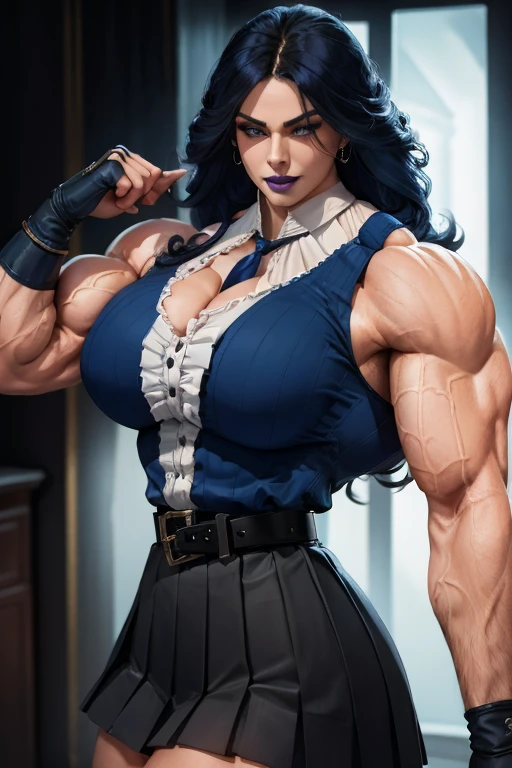 ((Close-up)), tall, (royal blue hair) beautiful muscular woman, long curly wavy hair, pale white skinned, large breast, closed smile, (black lipstick), (massive muscles), (hyper muscle), ((ginormous bulky muscles)), ((glowing white eyes)), (((sleeveless royal blue pleated shirt))), (((black long pleated skirt with belt))), (fingerless gloves), necktie, thigh highs, in a dark rooftop,