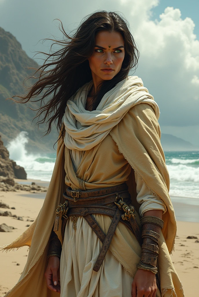 Scaled wereserpent female cleric stands solitary on a windswept island, her dark brown scaled skin a testament to her serpentine heritage, as she wraps a worn desert-toned traveling cloak around her lithe frame, the whites of her scarf contrasting with the deep, warm hues of the arid landscape, her long, dark brunette tresses whip about her serpentine facial features, accentuating the piercing green snake eyes that seem to hold ancient wisdom