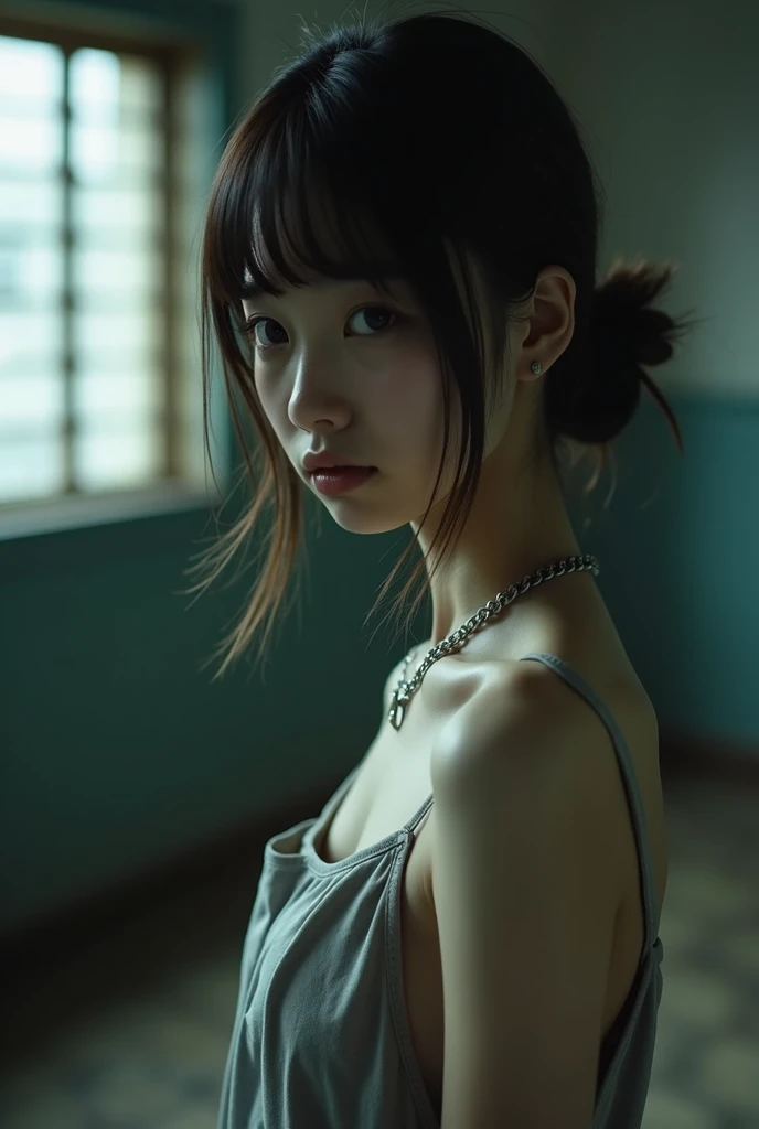 photograph、prisonの番号が書かれたセーラー服を着た美しい高校生の少女が登場するシーン,彼女は金属格子で囲まれた薄暗いSolitary confinementの中にいる, The girl has a sad look,設定は小さなベッドのある典型的なprisonのSolitary confinementです, Iron-barred windows, Worn floor. The overall atmosphere is heavy、Thoughtful, The soft lighting accentuates her emotions.,photograph,prison,Japanese high school girl as a female prisoner, Round sexy ass,Big natural wet breasts, prisonの設定, Solitary confinement,両手にhandcuffs,Restrained by chains,Jail,両手のhandcuffsを鎖でつなぐ,Chain on the waist,Crotch rope,Take off your bra,Expose the chest,Go shirtless,prisonの身体検査,日本のprison,Japan prisoner uniform,handcuffs,handcuff,prison,arrest,
}