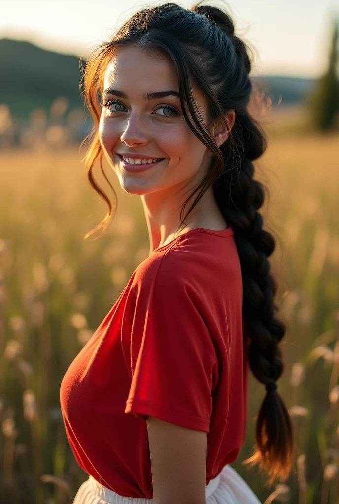 A ((highly realistic)), detailed portrait of a young Italian woman with long, black hair braided into a ponytail. She has striking blue eyes and a beautiful, natural smile. The woman is not wearing any makeup, showcasing her natural beauty. She is dressed in a red shirt and a white skirt, standing in an outdoor setting during the golden hour. The background features a serene Italian countryside with soft, warm lighting casting gentle shadows, emphasizing the vibrant colors of her clothing and the rich details of her face and hair