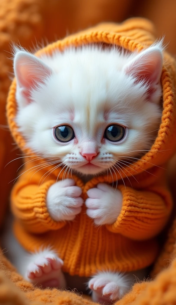 This image depicts a very cute kitten with fluffy white fur., big round black eyes, wearing a warm orange sweater. The sweater covered the cat's head., with two cat ears protruding from the top of the shirt. The cat has a small pink-orange nose., with cute short whiskers. He was holding the bottom of his sweater with both hands., posing as if curled up in a shirt to keep warm. The overall picture gives a warm feeling., cute and funny, with the main colors being orange and white, with soft light highlighting the cat's cuteness.