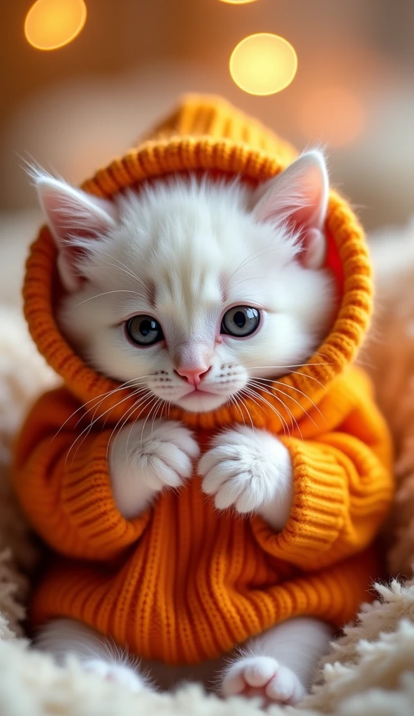 
This image depicts a very cute kitten with fluffy white fur., big round black eyes, wearing a warm orange sweater. The sweater covered the cat&#39;s head., with two cat ears protruding from the top of the shirt. The cat has a small pink-orange nose., with cute short whiskers. He was holding the bottom of his sweater with both hands., posing as if curled up in a shirt to keep warm. The overall picture gives a warm feeling., cute and funny, with the main colors being orange and white, with soft light highlighting the cat&#39;s cuteness.