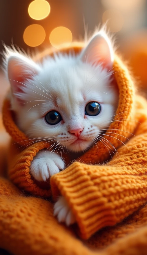 This image depicts a very cute kitten with fluffy white fur., big round black eyes, wearing a warm orange sweater. The sweater covered the cat's head., with two cat ears protruding from the top of the shirt. The cat has a small pink-orange nose., with cute short whiskers. He was holding the bottom of his sweater with both hands., posing as if curled up in a shirt to keep warm. The overall picture gives a warm feeling., cute and funny, with the main colors being orange and white, with soft light highlighting the cat's cuteness.