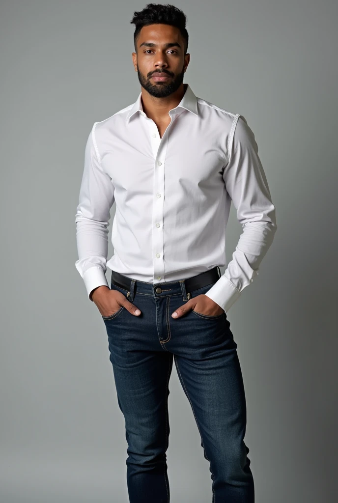 on a gray photographic background, a male model, white and Brazilian dressed in jeans and a white dress shirt