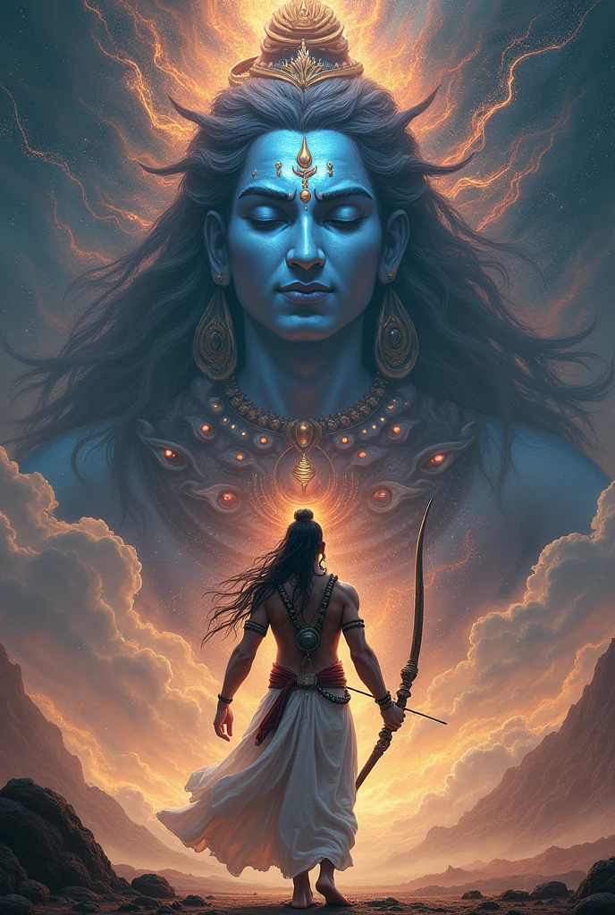 Create the image of the magician Shantih by invoking a Pashupatastra with the following instructions:
#Appearance The wizard Shantih wears ordinary white clothing and a necklace with large beads. (japamala), closely resembling a Buddhist preacher. Furthermore, presents a third eye (bindi) and a great muscular build, which makes others mistake him for a martial artist. He's bald and doesn't have a beard.
Pashupatastra is an astra , a heavenly missile, affiliated with the Hindu deity Shiva , bem como Kali e Adi Parashakti , that can be triggered by the mind, through the eyes, by words or by a bow. Should never be used against lesser enemies or by lesser warriors. (humans), Pashupatastra is capable of destroying creation and defeating all beings. It is one of the six Mantramukta weapons that cannot be resisted..
It is the most powerful astra of Shiva, and the embodiment of his energy and power. When fired, a manifestation of Shiva appears in the sky with a thousand heads., thousand eyes, a thousand stomachs and a thousand feet. Possesses the absolute power capable of annihilating anything, including divine entities and universal creation itself. This weapon had to be obtained directly from Shiva.
attention : Shantih is holding the bow Gandiva and the Pashupatastra is going to be shot like an arrow. The manifestation of the thousand heads of Shiva is right behind the character. Place multiple Shiva faces in the image.