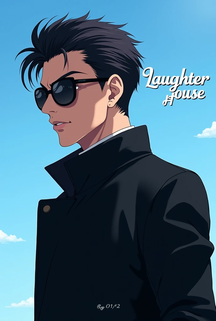"Create an Instagram profile picture featuring a cool man in a black coat and sunglasses, with an anime-inspired style. Include the text 'Laughter House' in either white or black. The background should use decent, non-flashy colors, and the overall design should be modern and visually appealing, with the text subtly integrated to complement the character." Background sky Blue 