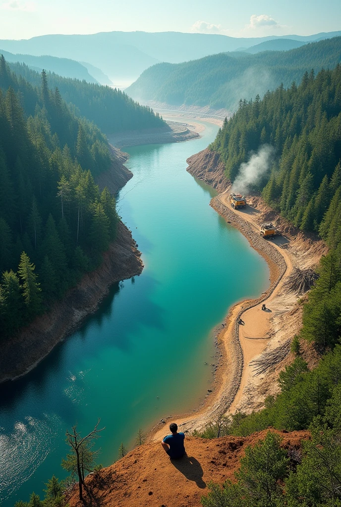 to produce a material that can raise awareness among the community surrounding the school about the negative impact of mining activities on our water resources.
The image must be dramatic, showing an aerial view of a river winding through a dense, green forest. Although, at a specific point, the river is abruptly cut by a huge scar in the ground: an open pit mine. On one side, the river flows clean and bright, reflecting the blue sky and the treetops. On the other side of the mine, the river continues, but now its waters are dark, contaminated and full of toxic sediments.In the mine area, large excavators and trucks move, raising clouds of dust that cover part of the surrounding forest. The land around the mine is brown and weathered., with fallen trees and exposed roots. The river that once looked like a silver ribbon in the landscape, now resembles an open wound, pulsing with contamination.En el centro de la imagen, about the mine, there is a small human figure, but visible, kneeling on the riverbank, holding his head in despair as he saw the destruction. High above, in large, disturbing letters, is a sentence: "Where there was life, now there is death. Mining: the price is water."The image must use strong contrasts: the vibrant green of the forest versus the dark gray and brown of the mine; the clear blue of the river versus the poisonous mud it became after mining. The composition must highlight the visceral and irreversible impact of mining activity on water resources and the environment.