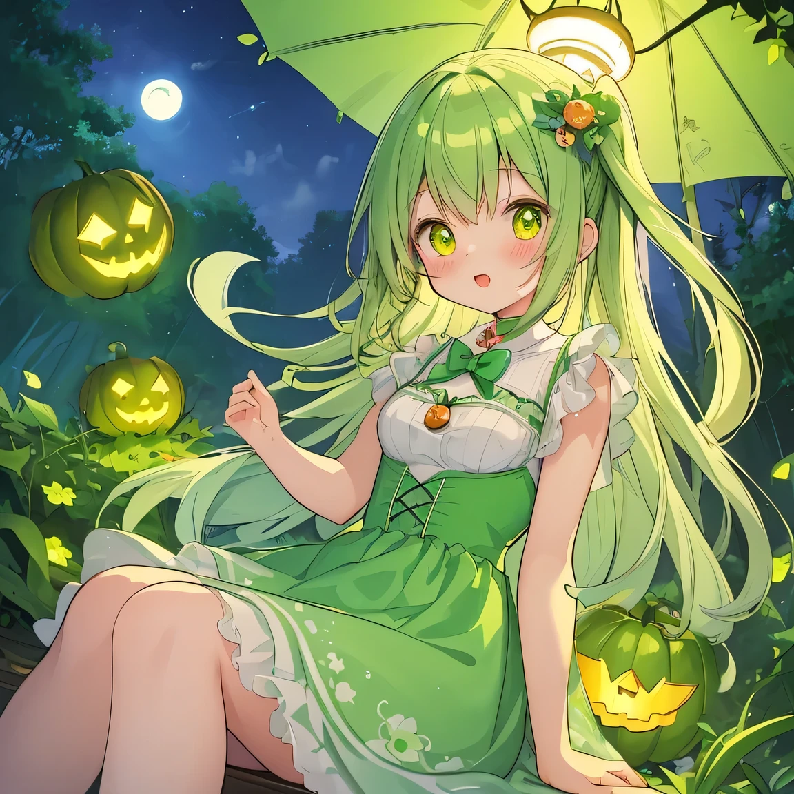 A whimsical green pumpkin lantern with glowing eyes