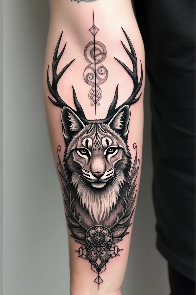 could you create a forearm tattoo sketch of a lynx with deer antlers, also with Nordic symbols