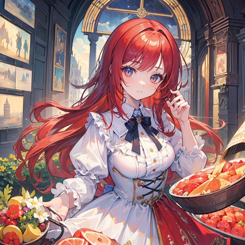(masterpiece:1.4), (best quality:1.4), extremely detailed, intricate, hyper detailed, (PERFECT FACE), illustration,soft lighting, scenic, 1girl, happy, Vivid auburn hair, colorful, colorized, from_below ,fish_costume , stadium