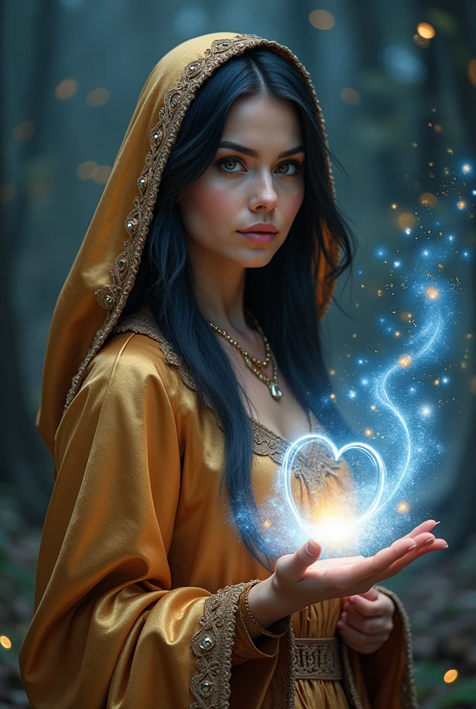 brunette woman. Looks 50 years old, Black hair highlighted with blue. Brown eyes western figurine. thin lips , Oval face. affectionate look.Dressed in shiny gold hood with brown lace, around you shine little fireflies and little fairies. The image shows this magician performing magic with one of her hands from which white energies emerge, forming a circular ball of light in a spiral shape with white glowing dust in front of her.. Nas is in your hands is suspended in the air