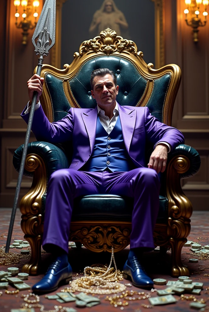 Generates the image of a sexy supervillain sitting on a throne with a winning pose. He wears a violet and blue suit and carries a large silver spear in his hand..
There is a large amount of money and jewelry on the floor.